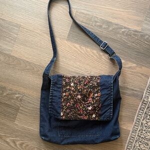 Blue denim floral patchwork jean crossbody bag